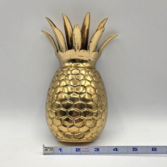 HAMPTON SOLID BRASS PINEAPPLE HANGING WALL POCKET VASE MCM HOLLYWOOD REGENCY VTG - Picture 8 of 9
